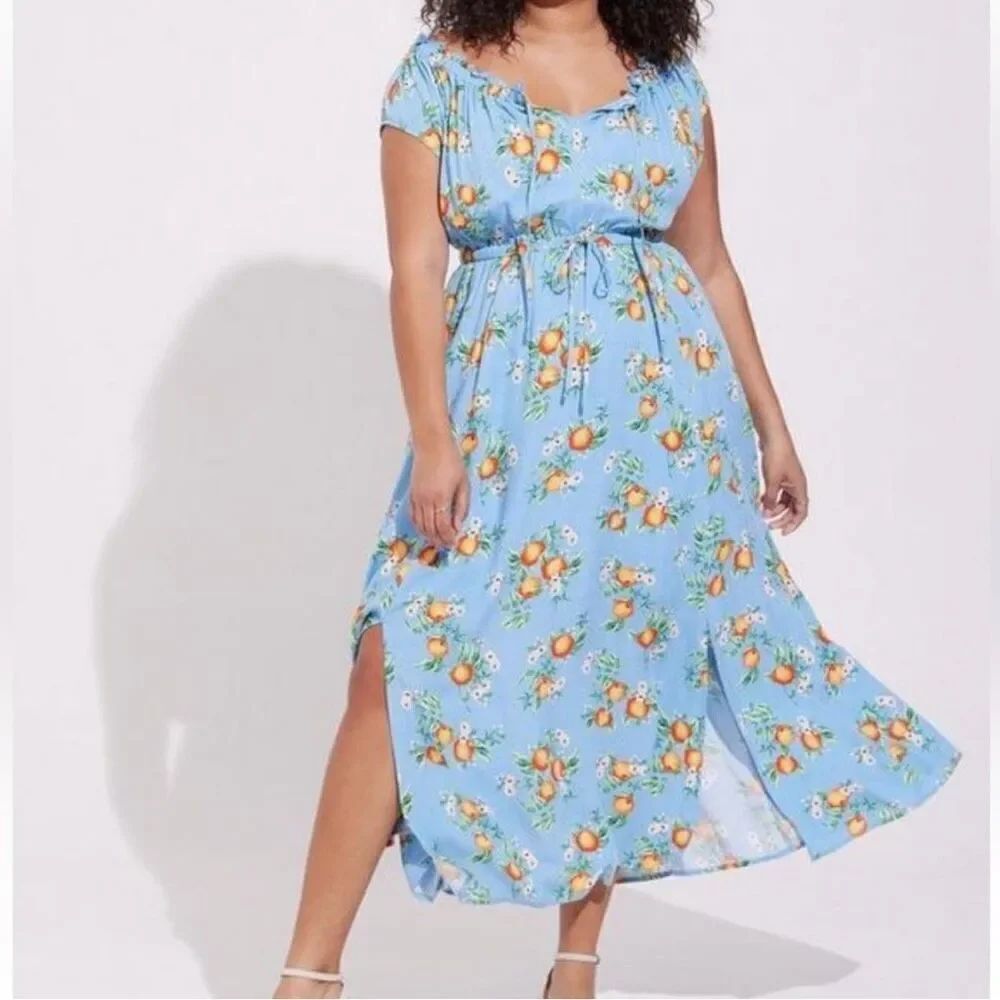 Torrid Maxi Textured Woven Dress W/ Double Front Slits Floral & Fruit Print M/L